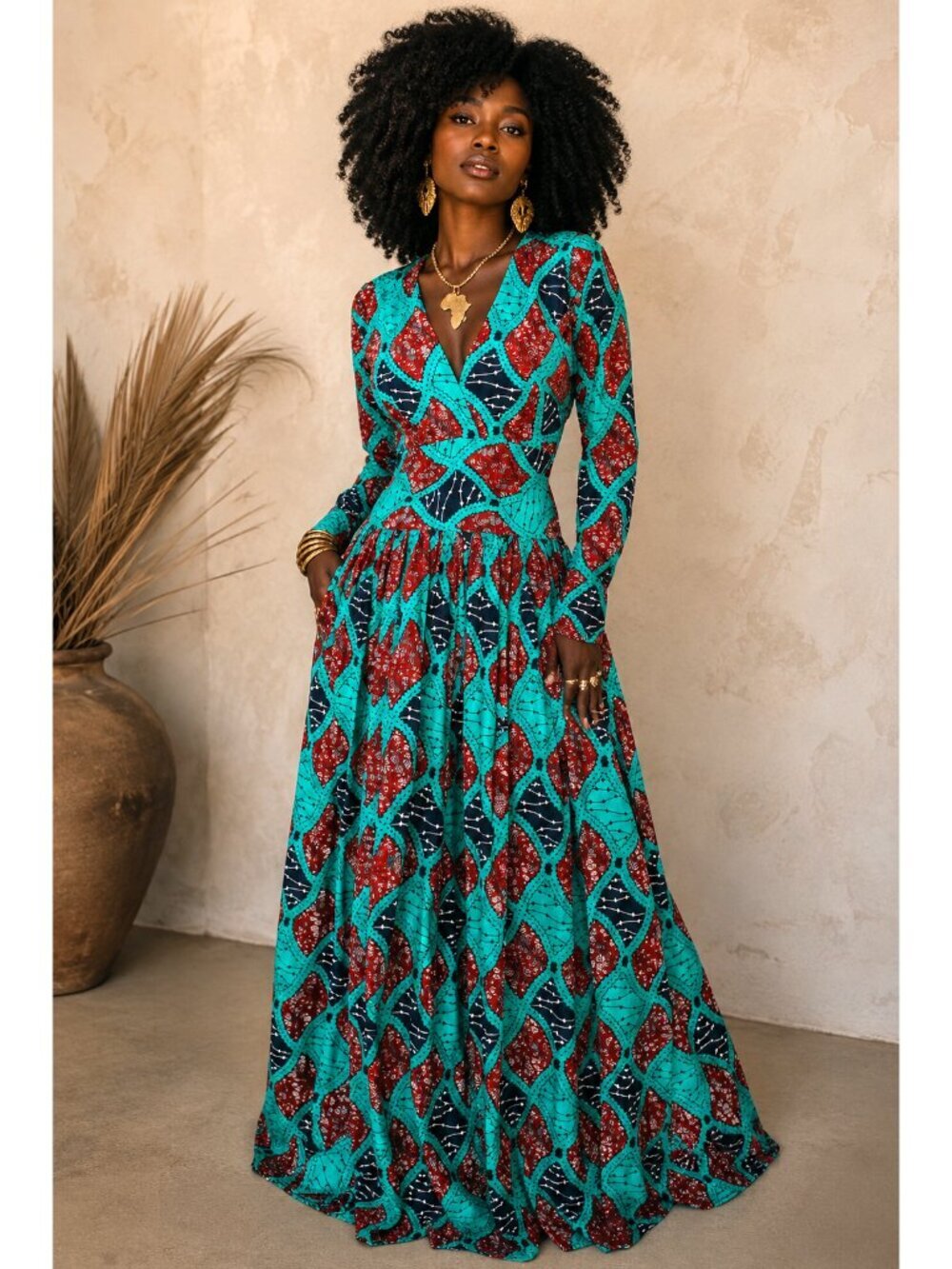 Handmade African multicolor Prairie Maxi dress M Tall Long sleeve zip up Tribal - Picture 1 of 13